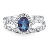 Vintage Style Two Piece Oval Lab Alexandrite Bridal Set Ring 925 Sterling Silver