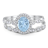 Vintage Style Two Piece Oval Natural Aquamarine Bridal Set Ring 925 Sterling Silver
