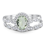 Vintage Style Two Piece Oval Natural Green Amethyst Prasiolite Bridal Set Ring 925 Sterling Silver