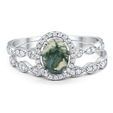Vintage Style Two Piece Oval Natural Green Moss Agate Bridal Set Ring 925 Sterling Silver