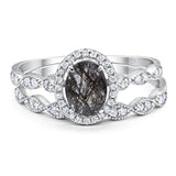Vintage Style Two Piece Oval Natural Rutilated Quartz Bridal Set Ring 925 Sterling Silver