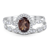 Vintage Style Two Piece Oval Natural Chocolate Smoky Quartz Bridal Set Ring 925 Sterling Silver