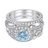 Art Deco Three Piece Round Natural Aquamarine Ring 925 Sterling Silver