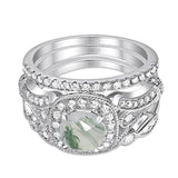 Art Deco Three Piece Round Natural Green Moss Agate Ring 925 Sterling Silver