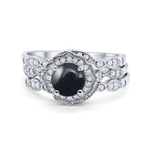 Three Piece Round Natural Black Onyx Flower Ring 925 Sterling Silver