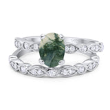 Two Piece Oval Natural Green Moss Agate Wedding Set Ring 925 Sterling Silver