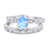 Two Piece Oval Natural Moonstone Wedding Set Ring 925 Sterling Silver