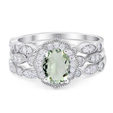 Three Piece Oval Natural Green Amethyst Prasiolite Floral Ring 925 Sterling Silver