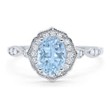Art Deco Oval Natural Aquamarine Floral Ring 925 Sterling Silver