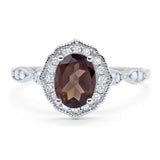 Art Deco Oval Natural Chocolate Smoky Quartz Floral Ring 925 Sterling Silver