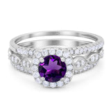 Vintage Style Three Piece Round Natural Amethyst Bridal Ring 925 Sterling Silver