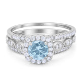 Vintage Style Three Piece Round Natural Aquamarine Bridal Ring 925 Sterling Silver