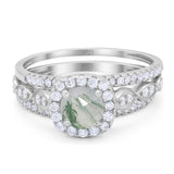 Vintage Style Three Piece Round Natural Green Moss Agate Bridal Ring 925 Sterling Silver