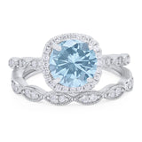 Two Piece Round Natural Aquamarine Wedding Set Ring 925 Sterling Silver