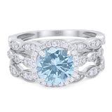 Three Piece Art Deco Round Natural Aquamarine Bridal Ring 925 Sterling Silver