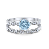 Two Piece Round Natural Aquamarine Ring Half Eternity Band 925 Sterling Silver