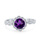 Art Deco 10mm Round Natural Amethyst Halo Floral Rings 925 Sterling Silver