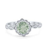 Art Deco 10mm Round Natural Green Amethyst Prasiolite Halo Floral Rings 925 Sterling Silver