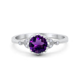 Floral Accent Round Natural Amethyst Beaded Ring 925 Sterling Silver