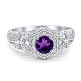 Round Natural Amethyst Filigree Halo Beaded Ring 925 Sterling Silver
