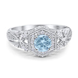 Round Natural Aquamarine Filigree Halo Beaded Ring 925 Sterling Silver