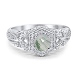 Round Natural Green Moss Agate Filigree Halo Beaded Ring 925 Sterling Silver