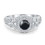 Round Natural Black Onyx Filigree Halo Beaded Ring 925 Sterling Silver
