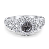 Round Natural Rutilated Quartz Filigree Halo Beaded Ring 925 Sterling Silver