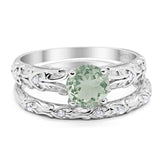 Two Piece Round Natural Green Amethyst Prasiolite Filigree Ring 925 Sterling Silver