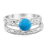 Two Piece Round Genuine Natural Arizona Sleeping Beauty Turquoise Filigree Ring 925 Sterling Silver