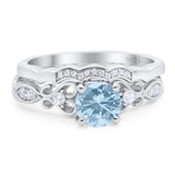 Two Piece Round Natural Aquamarine Art Deco Ring 925 Sterling Silver