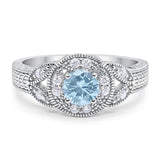 Round Natural Aquamarine Leaf Style Beaded Ring 925 Sterling Silver