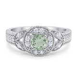 Round Natural Green Amethyst Prasiolite Leaf Style Beaded Ring 925 Sterling Silver