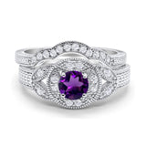 Two Piece Round Natural Amethyst Wedding Set Ring 925 Sterling Silver