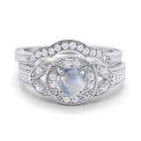 Two Piece Round Natural Moonstone Wedding Set Ring 925 Sterling Silver