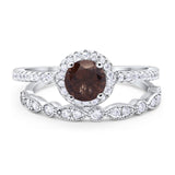 Two Piece Round Natural Chocolate Smoky Quartz Bridal Ring 925 Sterling Silver