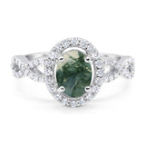 Art Deco Oval Natural Green Moss Agate Twisted Ring 925 Sterling Silver