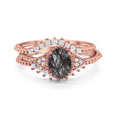 Three Piece Oval Natural Stone Beaded Ring 