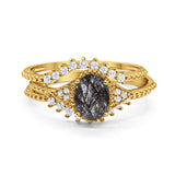 Three Piece Oval Natural Stone Beaded Ring 