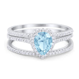 Three Piece Art Deco Pear Teardrop Natural Aquamarine Bridal Ring 925 Sterling Silver