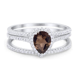 Three Piece Art Deco Pear Teardrop Natural Chocolate Smoky Quartz Bridal Ring 925 Sterling Silver