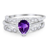 Three Piece Pear Teardrop Natural Stone Ring