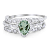 Pear Teardrop Three Piece Natural Green Amethyst Prasiolite Bridal Ring 925 Sterling Silver