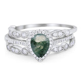 Pear Teardrop Three Piece Natural Green Moss Agate Bridal Ring 925 Sterling Silver