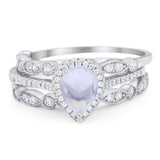 Pear Teardrop Three Piece Natural Moonstone Bridal Ring 925 Sterling Silver