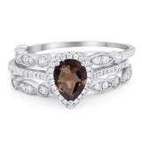 Pear Teardrop Three Piece Natural Chocolate Smoky Quartz Bridal Ring 925 Sterling Silver