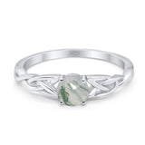 Minimalist Round Natural Green Moss Agate Solitaire Trinity Ring 925 Sterling Silver