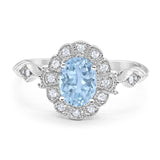 Art Deco Oval Natural Aquamarine Halo Flower Ring 925 Sterling Silver