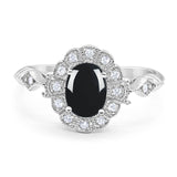 Art Deco Oval Natural Black Onyx Halo Flower Ring 925 Sterling Silver