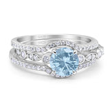 Three Piece Round Natural Aquamarine Wedding Set Ring 925 Sterling Silver